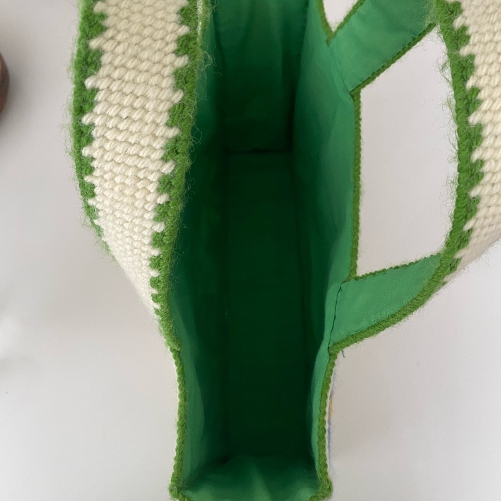 Vintage Rare Design Nature Handmade Needle Point Purse Cream And Green Patchwork - Picture 7 of 8